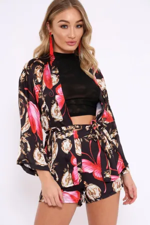 Black Floral Scarf Print Short And Jacket Co-Ord - Eadie