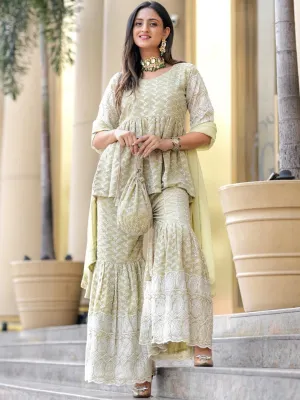 Green Embroidered Georgette Pakistani Style Kurta With Sharara & Dupatta