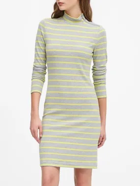 Turtleneck Ribbed-Knit Dress with Zipper in Gray Stripe