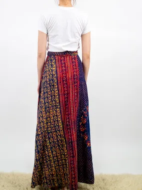 1970s Indian Cotton Blue and Red Abstract Wrap Skirt