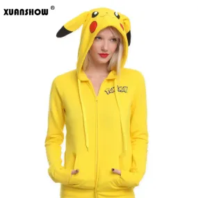 2017 Fashion Women Jacket Yellow Solid Pokemon Pikachu Printed Costume Tail Zip Totoro Hoodie Sweatshirt Sudaderas Mujer