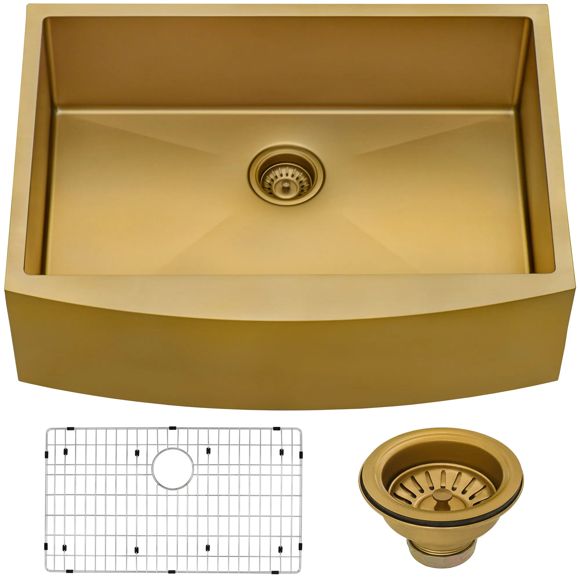 33-inch Apron-Front Farmhouse Kitchen Sink – Brass Tone Matte Gold Stainless Steel Single Bowl