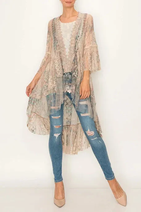 4508 LACE HI-LOW CARDIGAN TAUPE TURQ