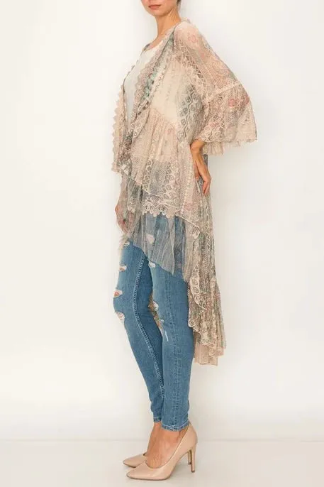 4508 LACE HI-LOW CARDIGAN TAUPE TURQ