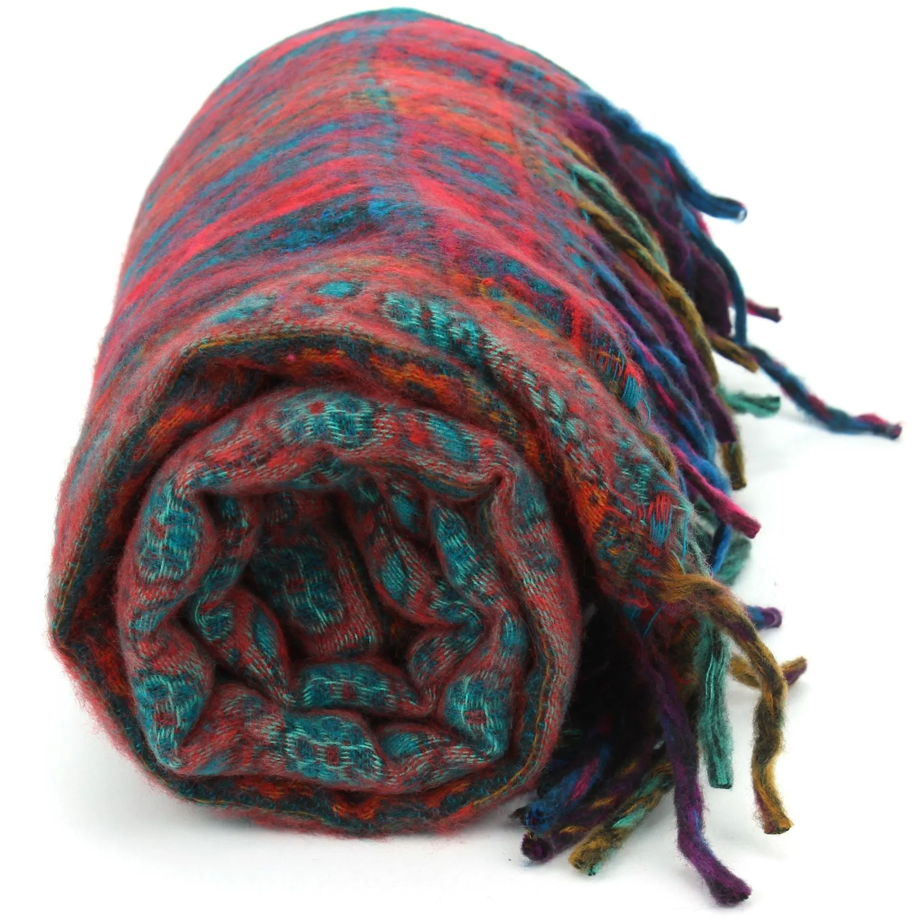 Acrylic Wool Shawl Blanket - Stripe - Teal & Red