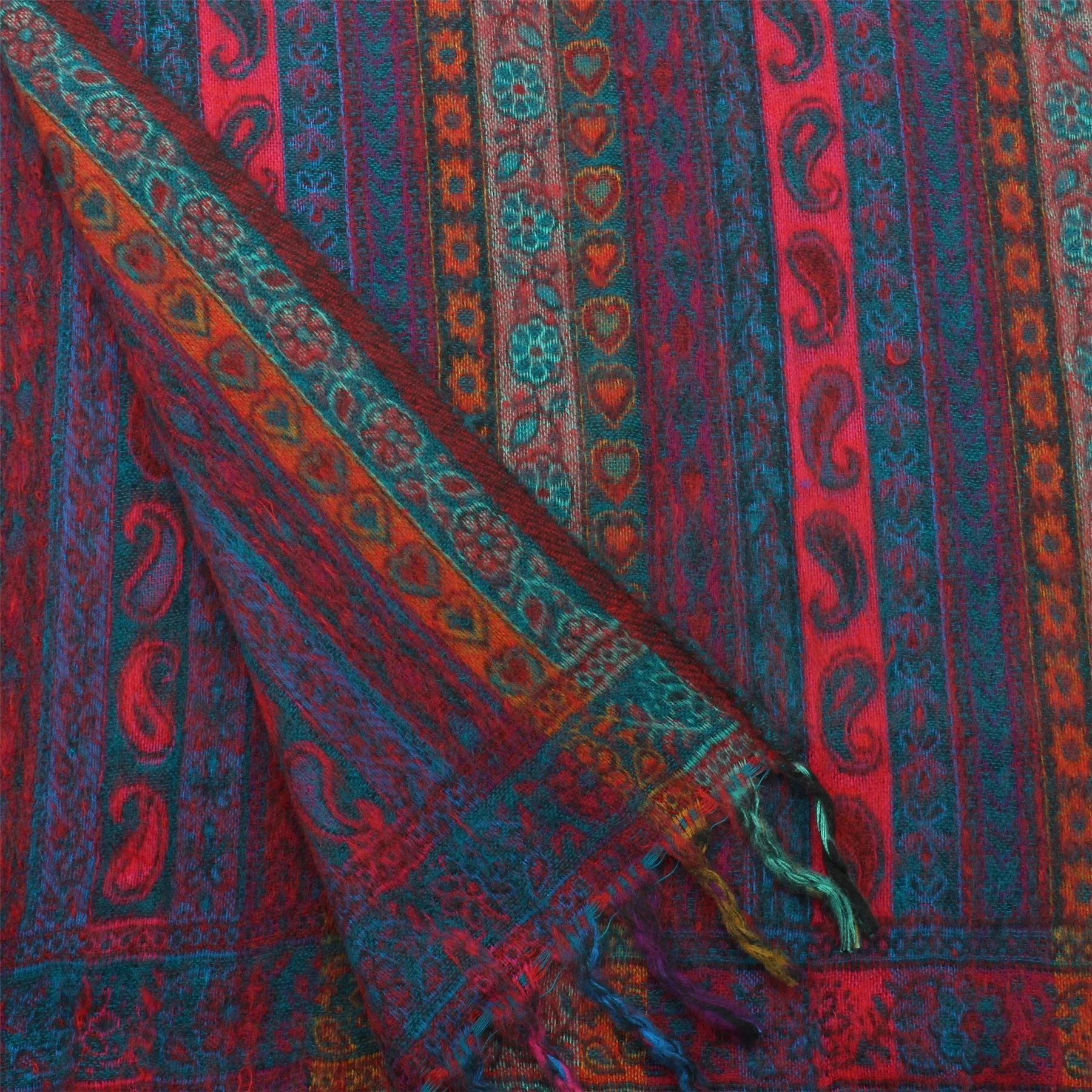 Acrylic Wool Shawl Blanket - Stripe - Teal & Red