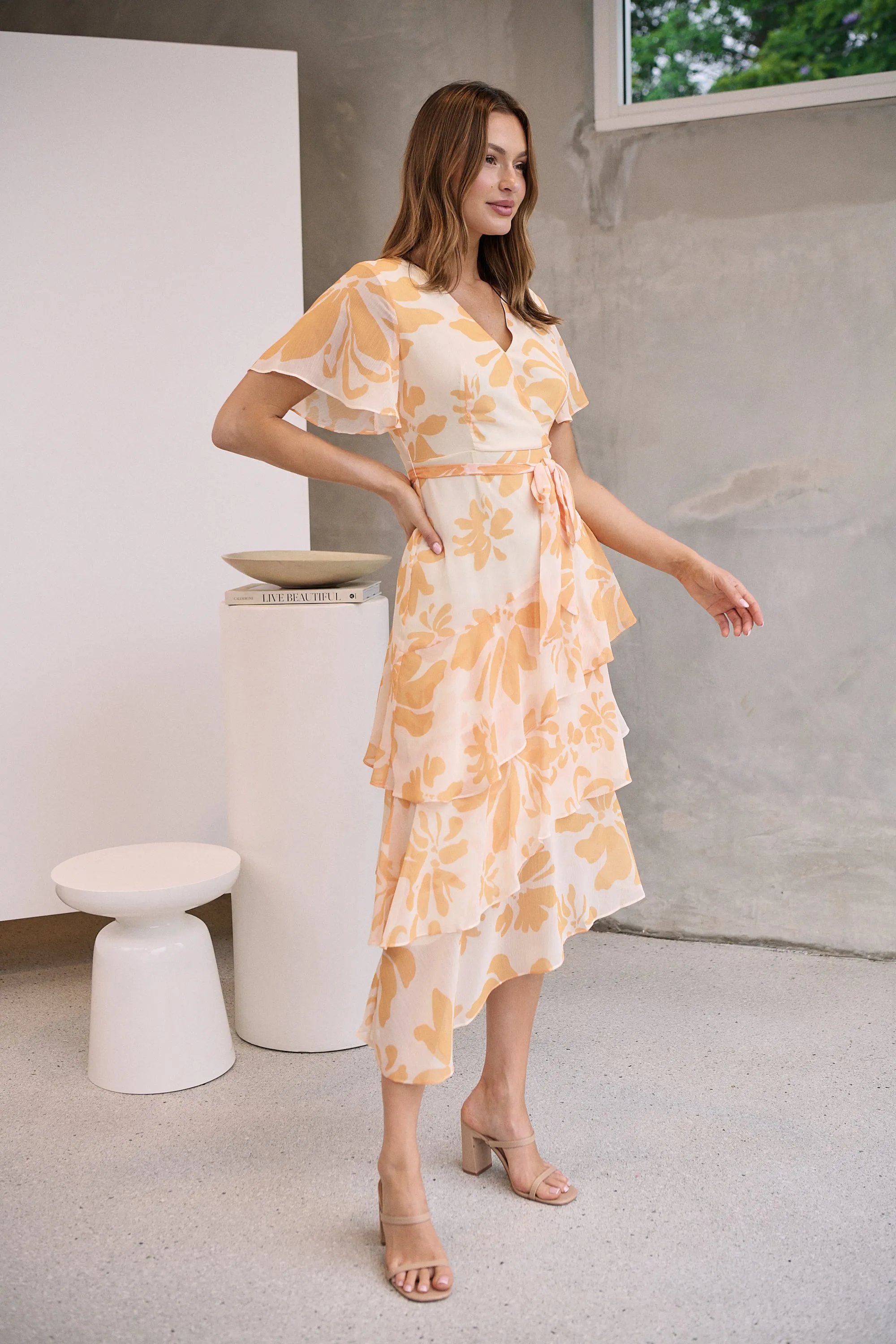 Aida Honey/Yellow Floral Print Frill Evening Dress