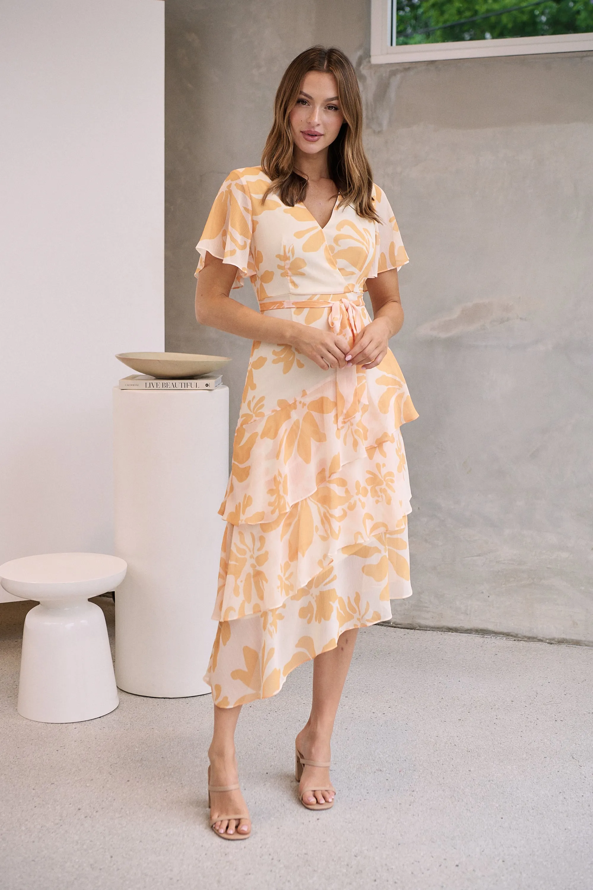 Aida Honey/Yellow Floral Print Frill Evening Dress