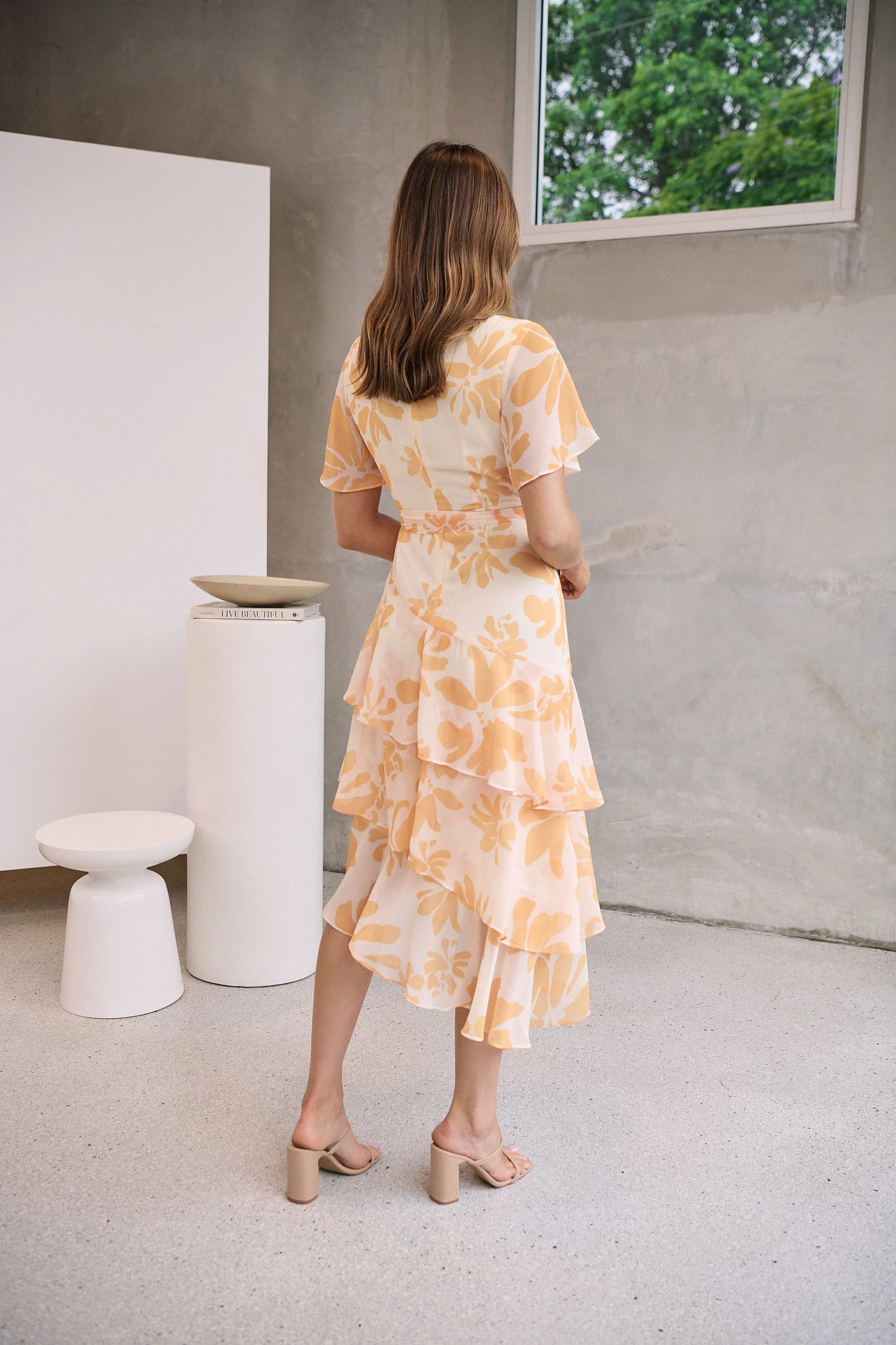 Aida Honey/Yellow Floral Print Frill Evening Dress