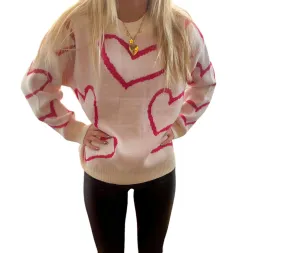 All for Love Hot Pink & Ivory Heart Oversized Sweater – Perfect for Valentine's Day