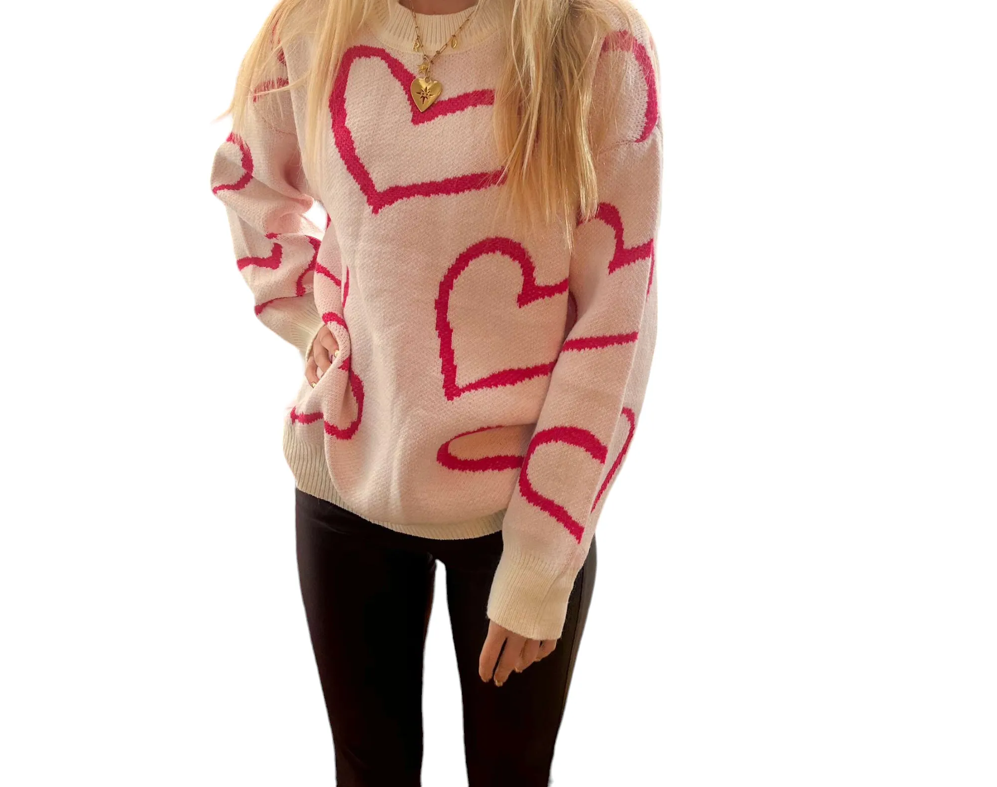 All for Love Hot Pink & Ivory Heart Oversized Sweater – Perfect for Valentine's Day