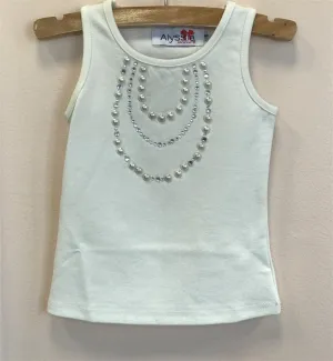 Alyssia Couture Girls Cream Pearl Necklace Sleeveless Tank Style Top