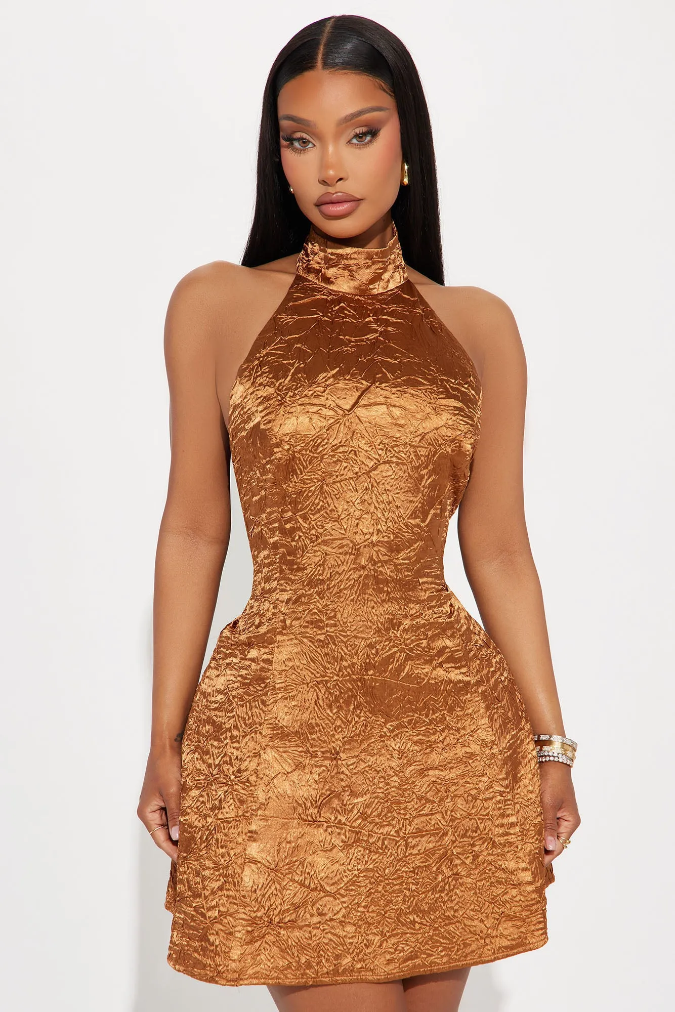 Amarie Textured Satin Mini Dress - Cognac