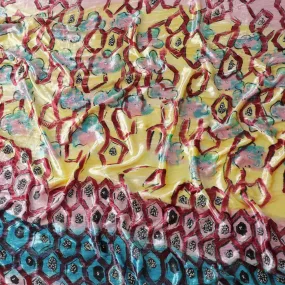 Baby pink to light laguna yellow Rayon velvet fabric with metallic silver Appliques and sequins in Abstract design