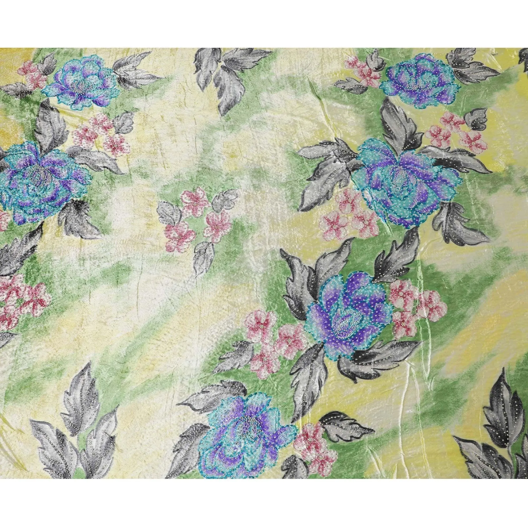 Baby yellow Rayon velvet fabric with multicolor print having silver and yellow stonework in floral design