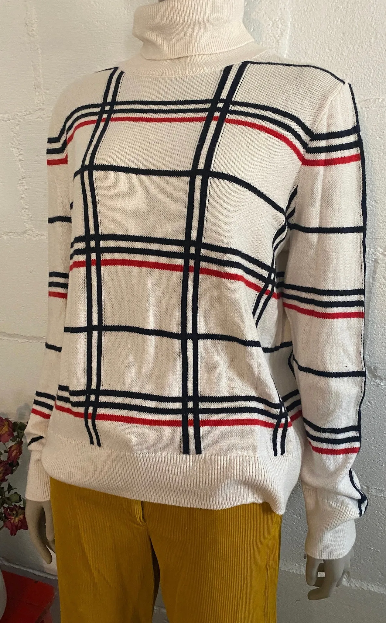 Banana Republic Turtleneck Sweater Pullover Black Red White Striped