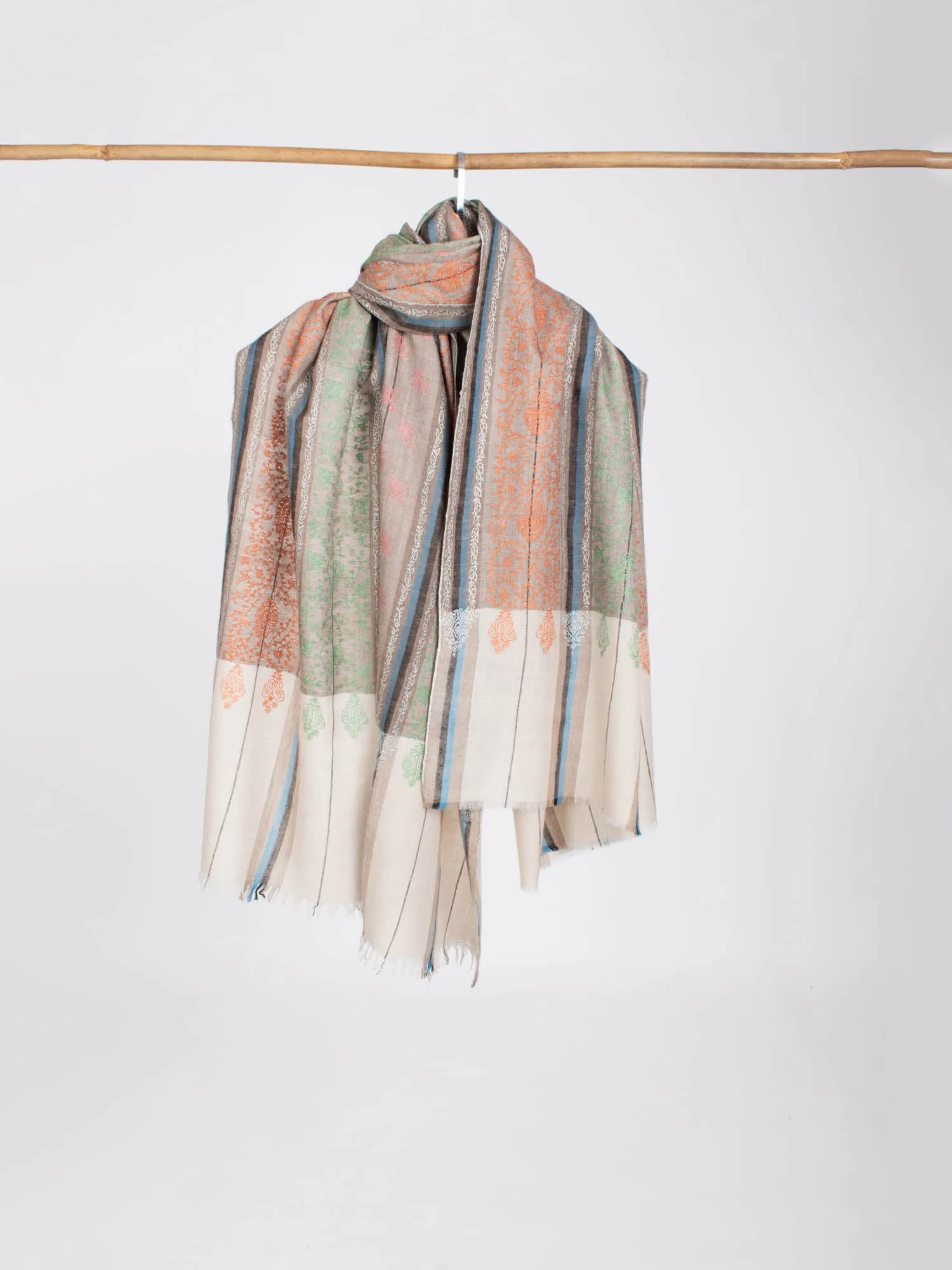 Beige Blue White and Black Pashmina Wool Shawl - MUNCIE