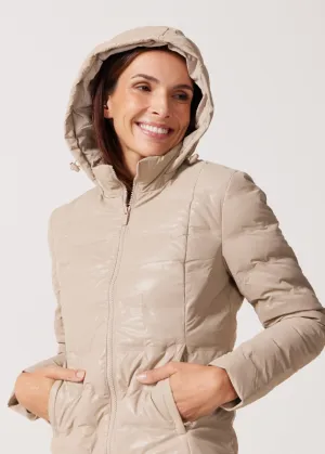 Beige Leather Look Duck Down Puffer Jacket