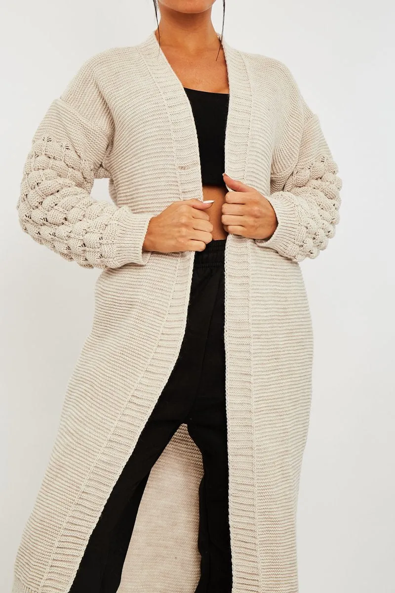 Beige Waffle Sleeve Maxi Cardigan - Davaya