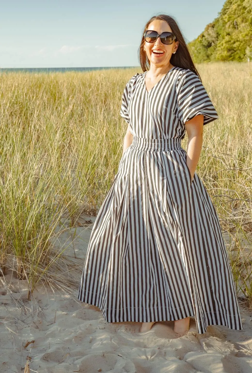 Bell Sleeve V-Neck Top - Black and White Stripe