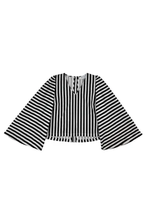 Bell Sleeve V-Neck Top - Black and White Stripe