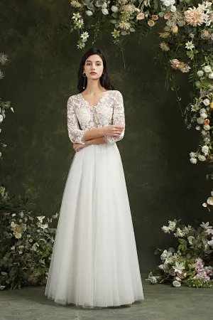 Biztunnel Long A-line Sweetheart Chiffon Lace Wedding Dresses with Sleeves