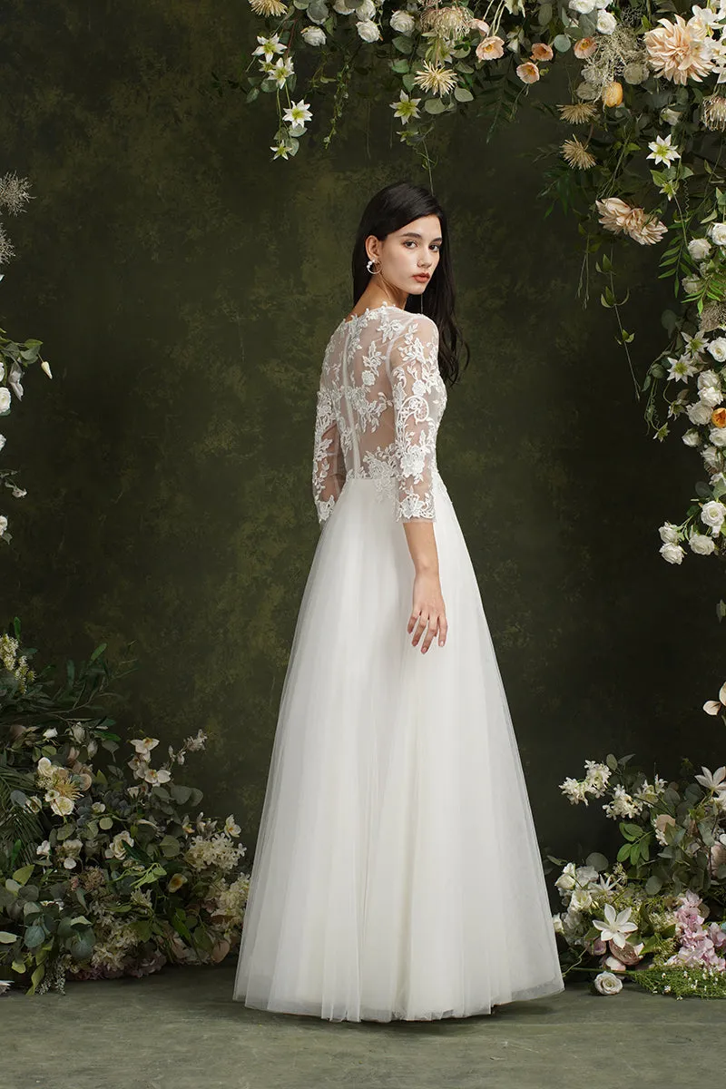 Biztunnel Long A-line Sweetheart Chiffon Lace Wedding Dresses with Sleeves