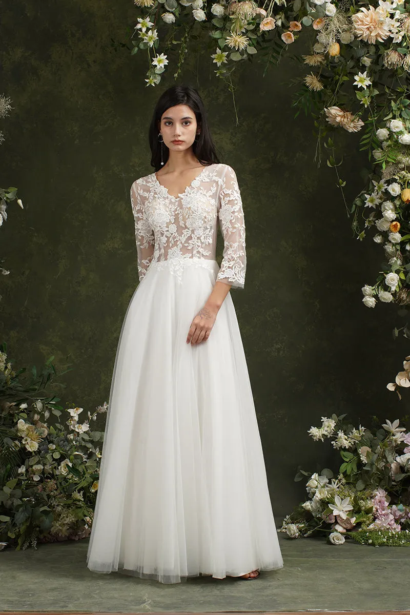 Biztunnel Long A-line Sweetheart Chiffon Lace Wedding Dresses with Sleeves