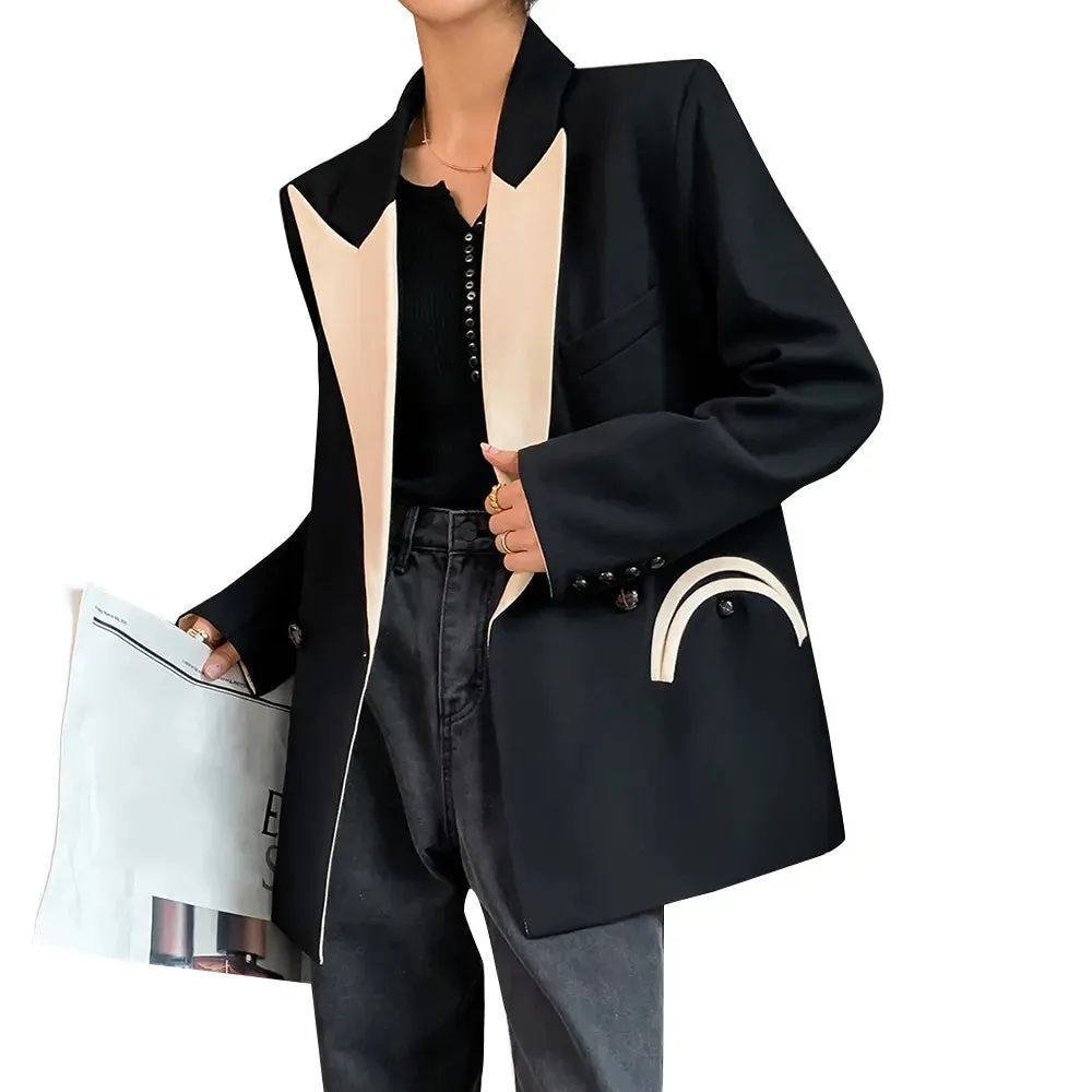 Black Blazers For Women Notched Long Sleeve Loose Patchwork Pocket Temperament Blazer Females Autumn Clothing