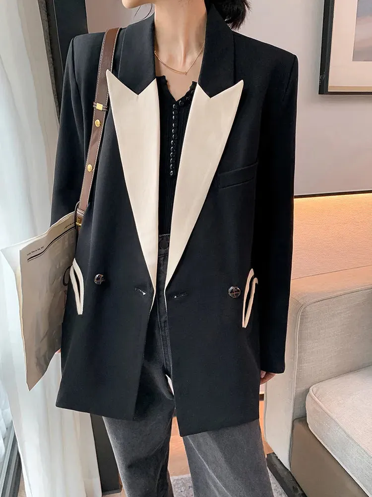 Black Blazers For Women Notched Long Sleeve Loose Patchwork Pocket Temperament Blazer Females Autumn Clothing