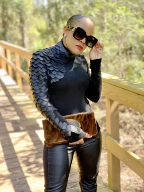 Black Butterfly | Long Sleeve Faux Leather Embellished Top