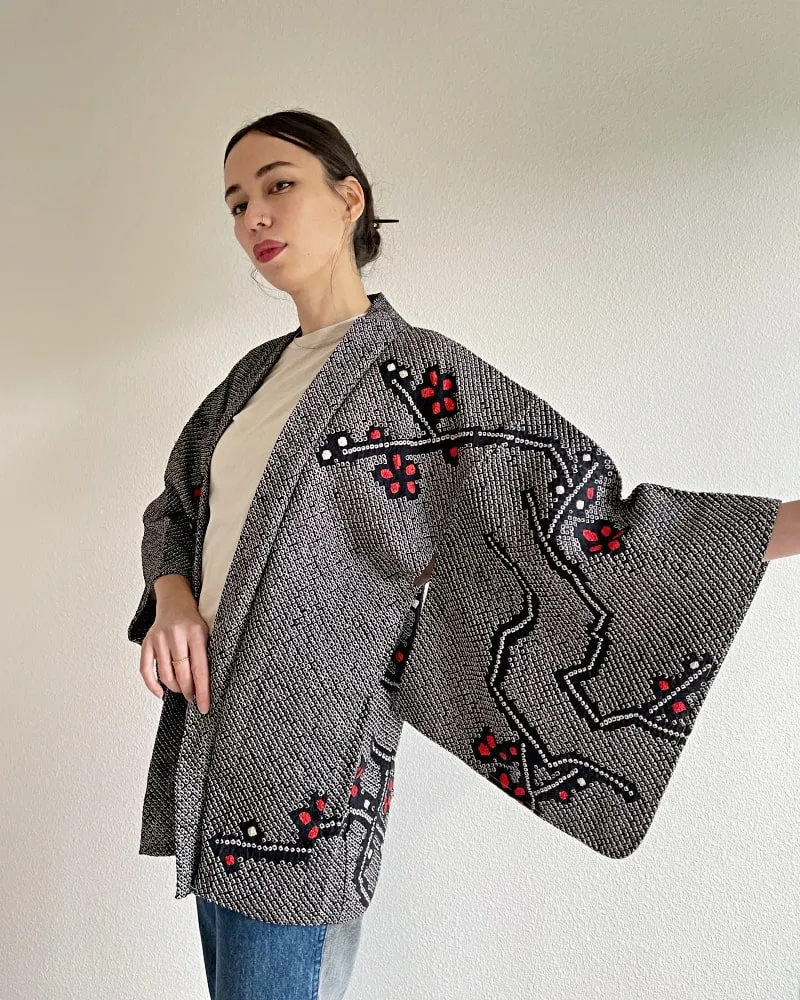 Black Cherry Blossom  Shibori Haori Kimono Jacket