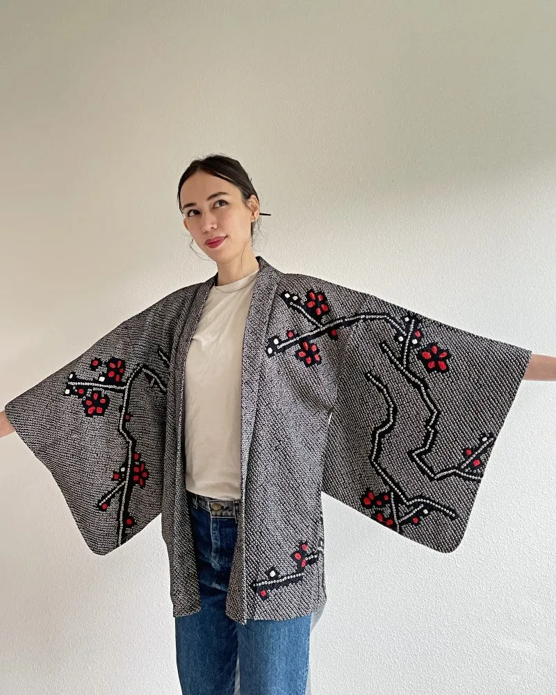 Black Cherry Blossom  Shibori Haori Kimono Jacket