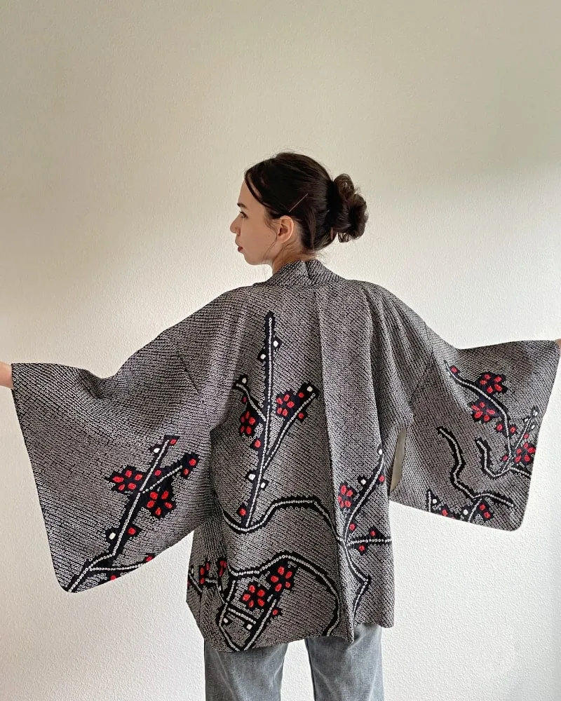 Black Cherry Blossom  Shibori Haori Kimono Jacket