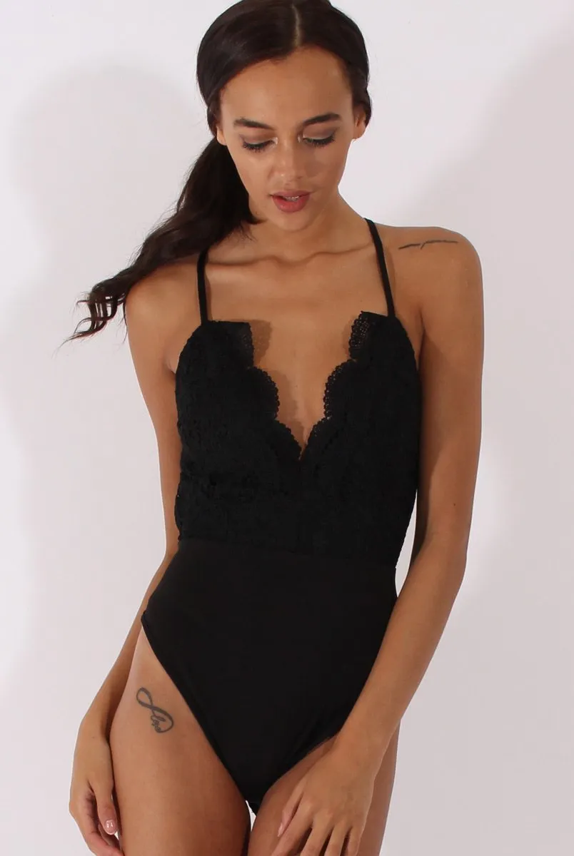 Black Crochet Cross Back Bodysuit - Crecia