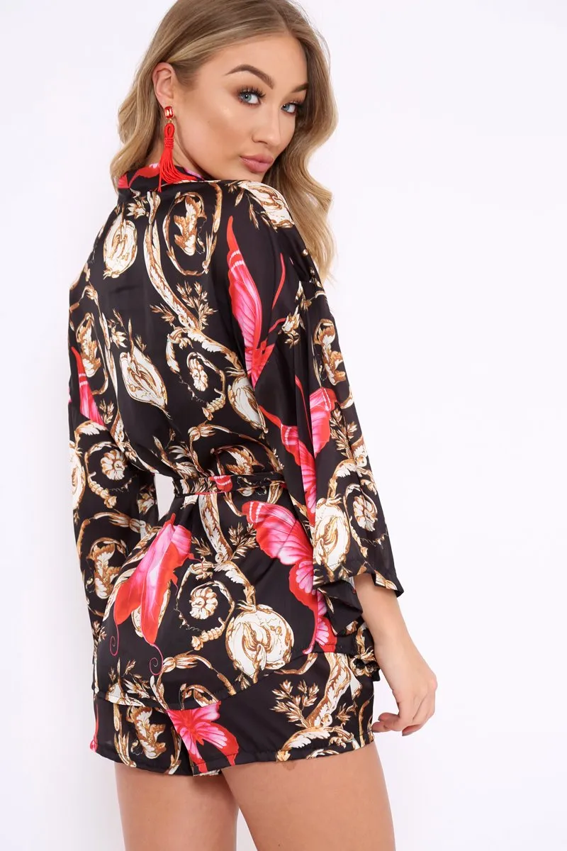 Black Floral Scarf Print Short And Jacket Co-Ord - Eadie