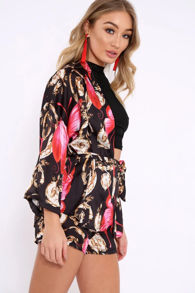 Black Floral Scarf Print Short And Jacket Co-Ord - Eadie