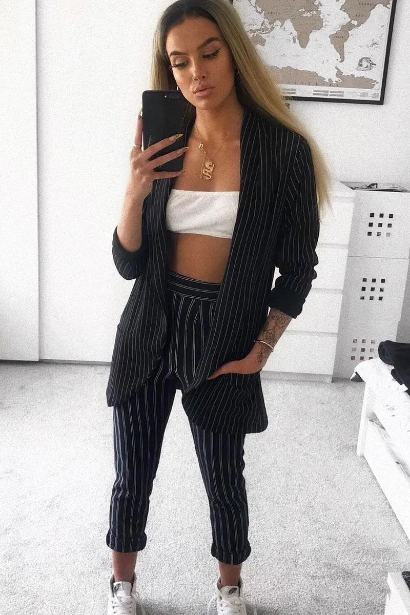 Black High Waist Striped Trousers - Savina