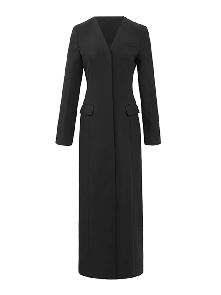 Black Loose Trench Coat For Women Notched Collar Long Sleeve Solid Minimalist Coats Female Korean Fashion Clothing