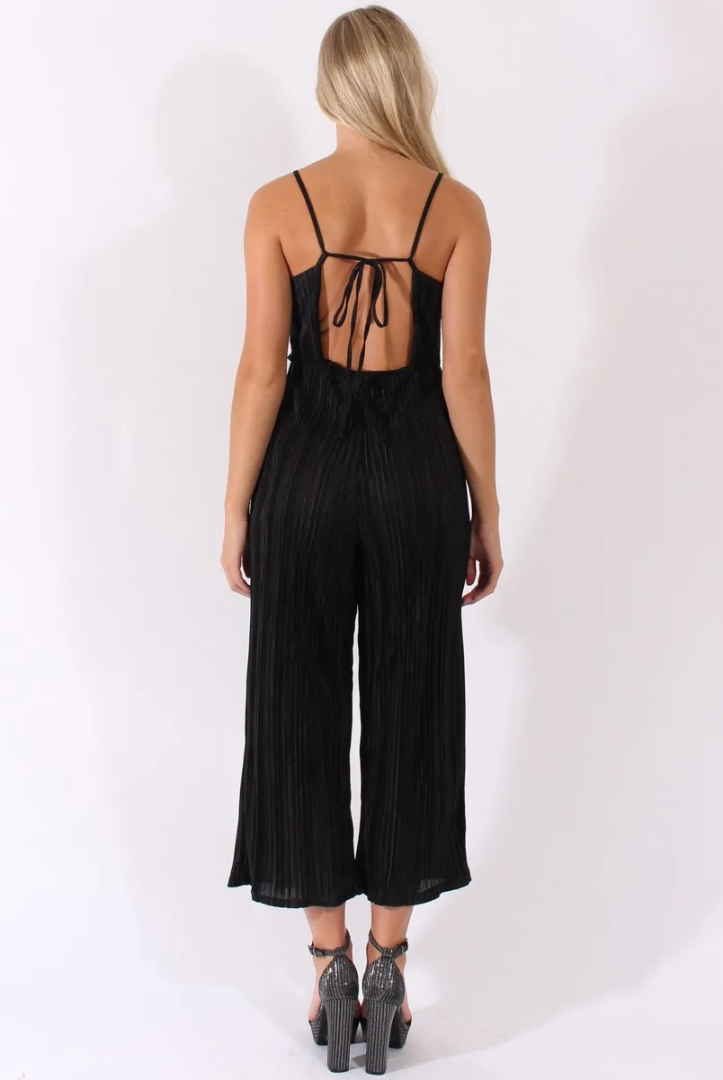 Black Metallic Pleated Cropped Jumpsuit - Arabella