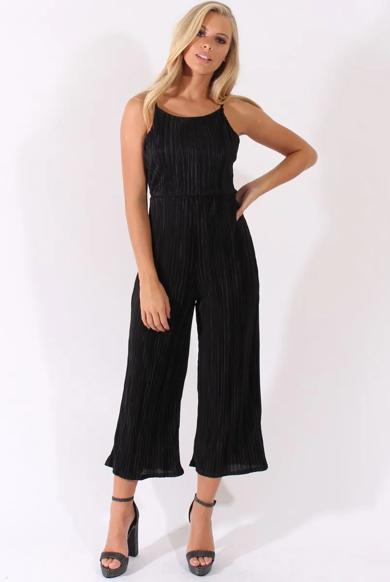 Black Metallic Pleated Cropped Jumpsuit - Arabella