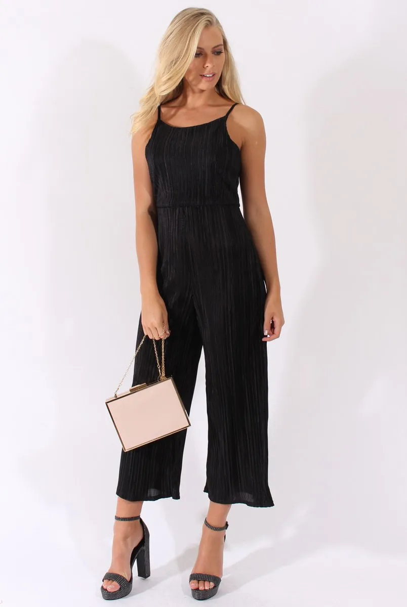 Black Metallic Pleated Cropped Jumpsuit - Arabella