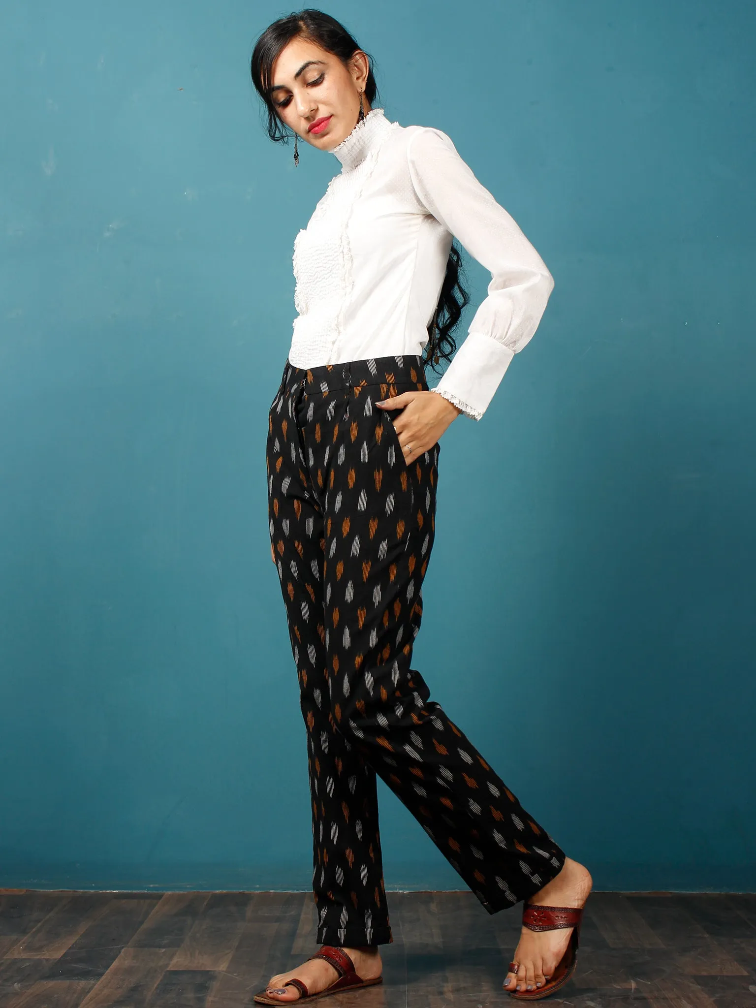 Black Orange White Hand Woven Ikat Chinos Pants - T032F808