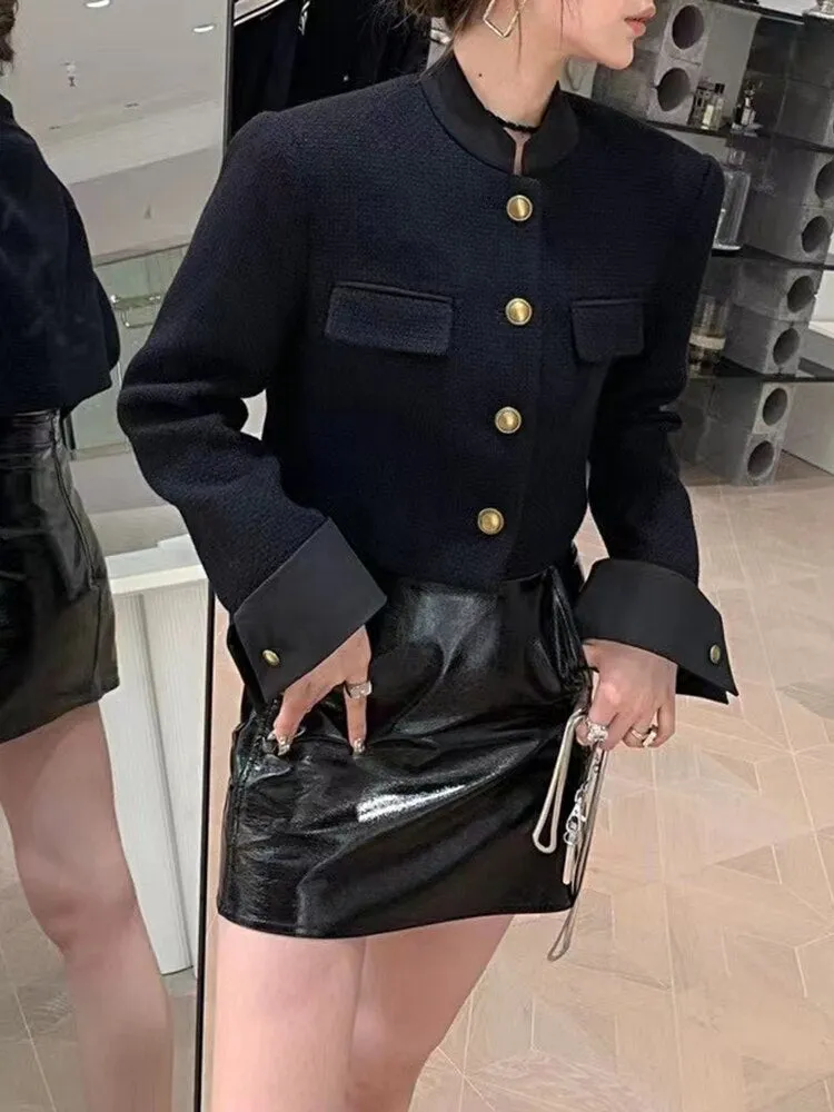 Black Single Breasted Jacket For Women Stand Collar Long Sleeve Solid Minimalist Jackets Female Fashion Clothes