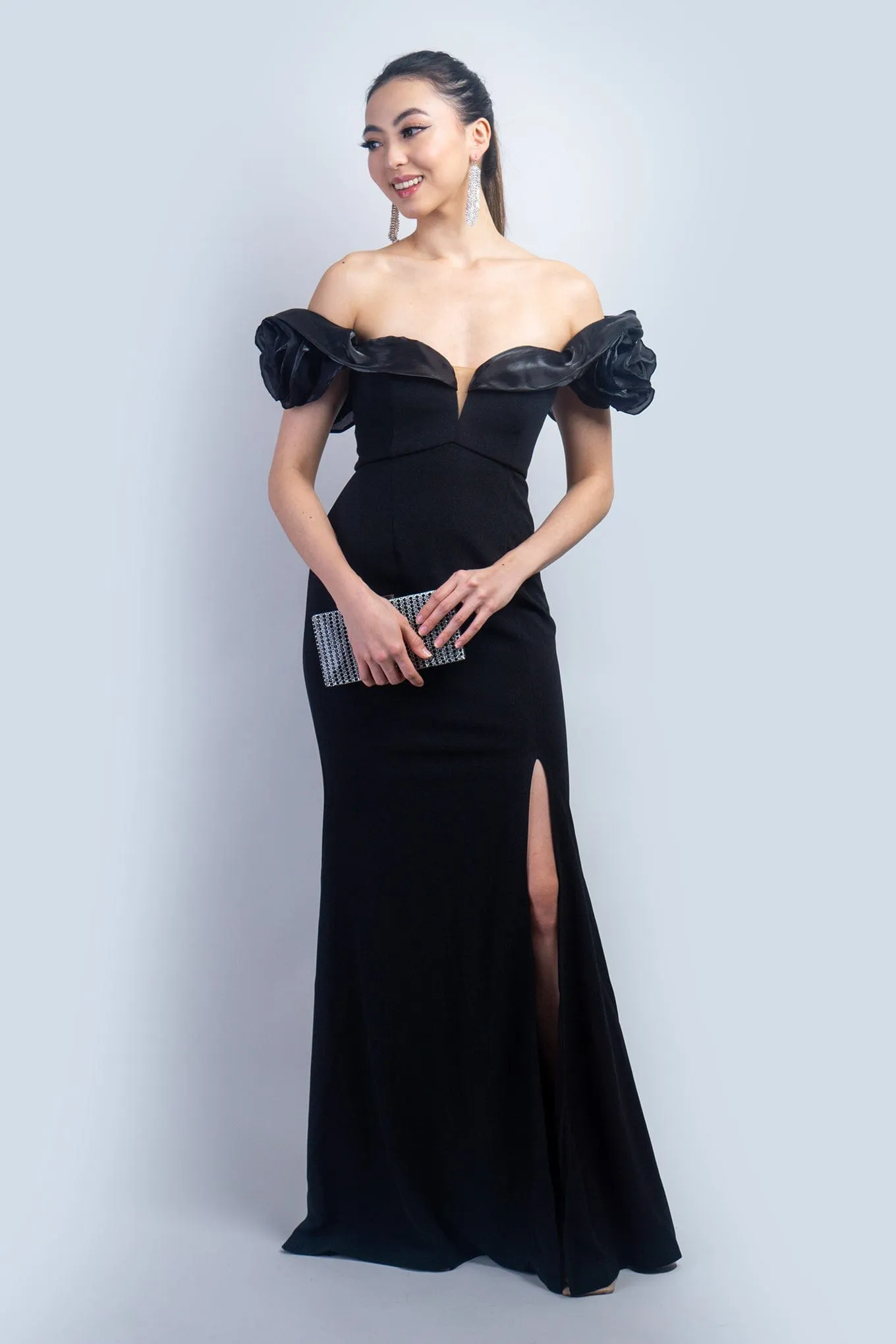 Black Sweetheart Rosette Shoulder Gown