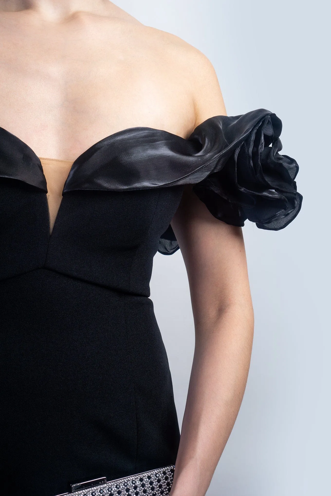 Black Sweetheart Rosette Shoulder Gown