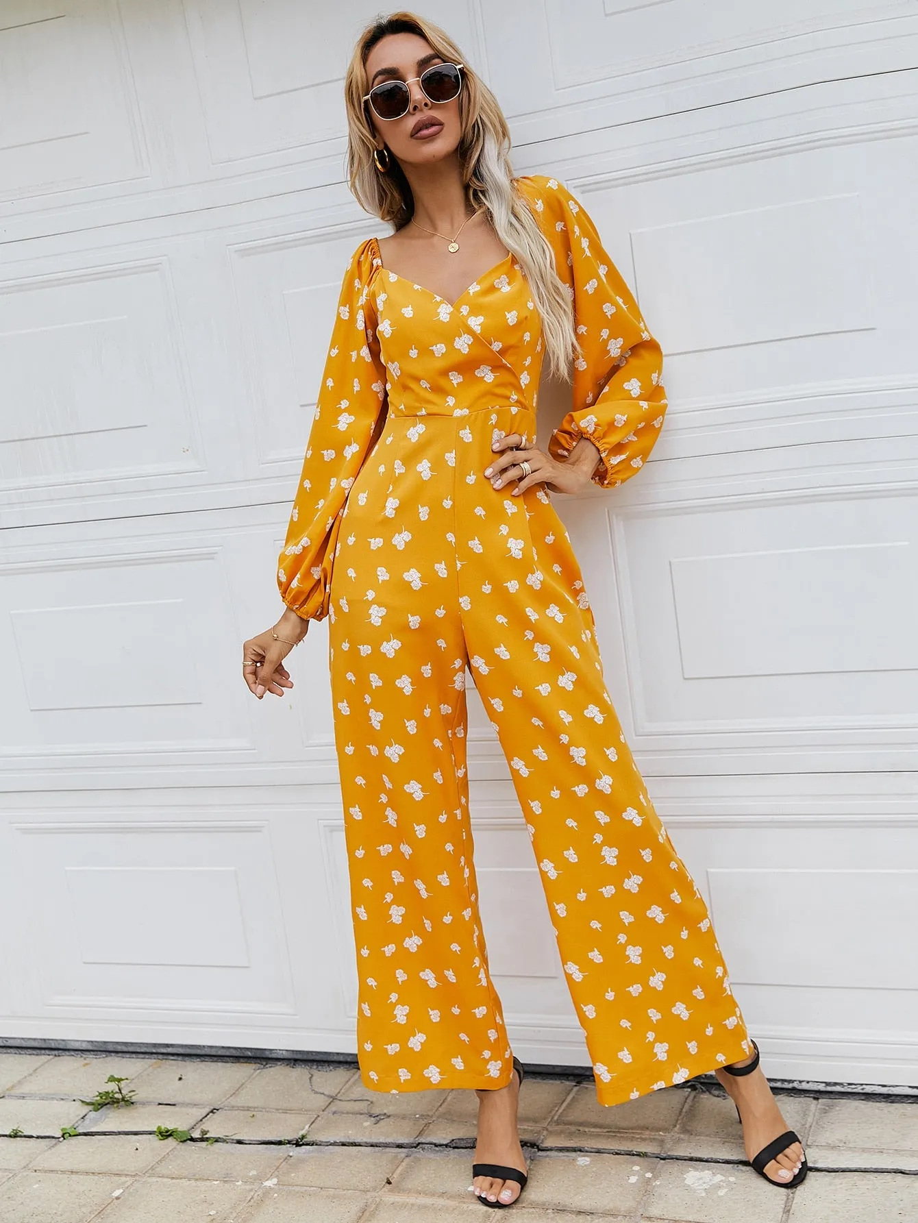 Boho All Over Print Zipper Long Sleeve Sweetheart High Waist Long Women Jumpsuit