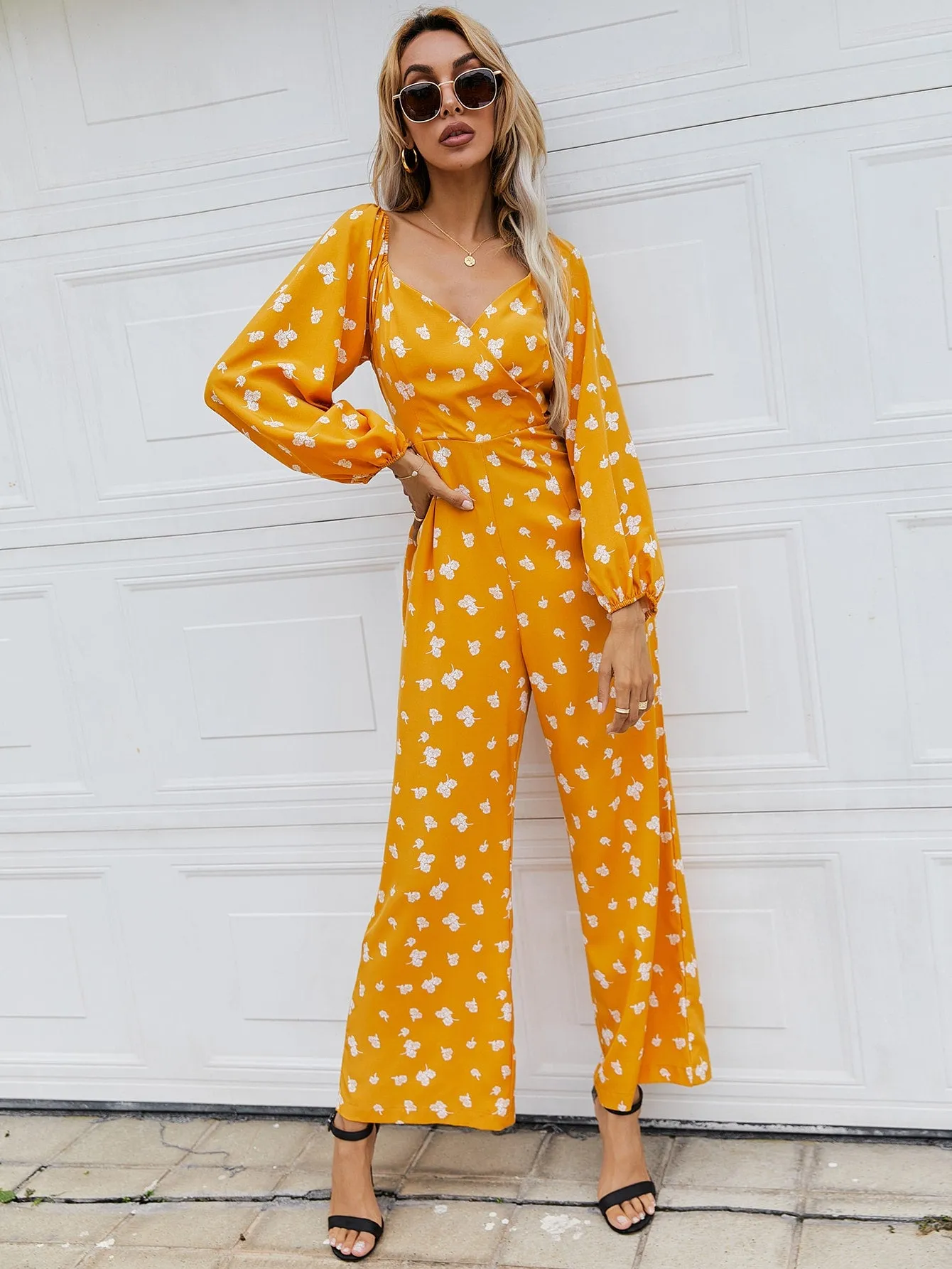 Boho All Over Print Zipper Long Sleeve Sweetheart High Waist Long Women Jumpsuit