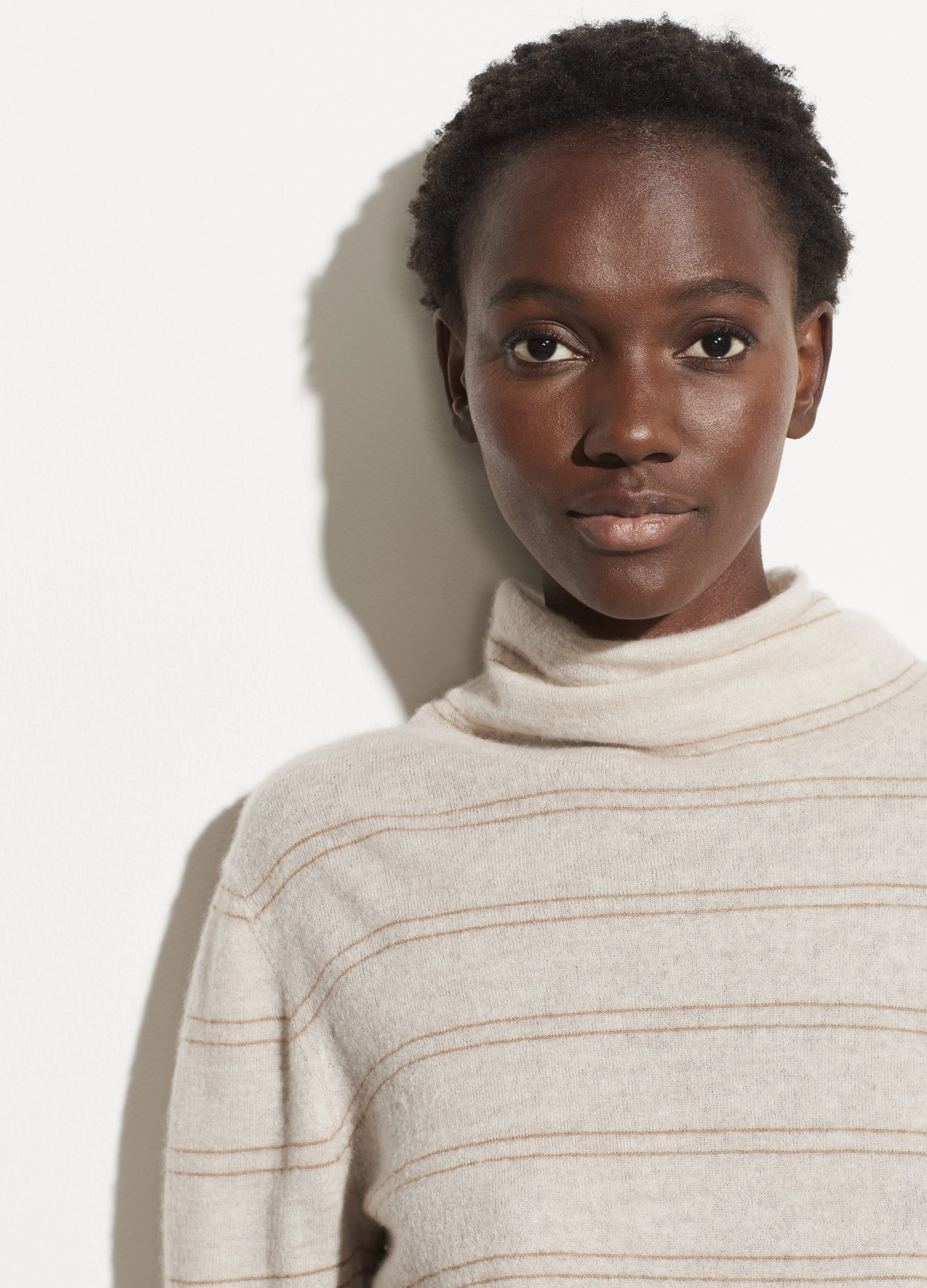 Boiled Cashmere Striped Fitted Turtleneck in Heather Dove Oat/Amber