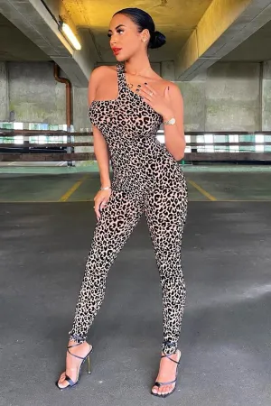 Brown Leopard Print Mesh Jumpsuit - Itza